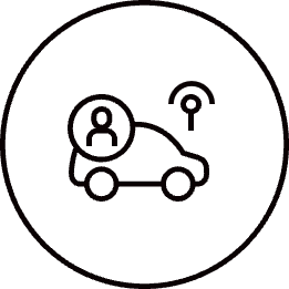 Icon of a car with a user symbol and a Wi-Fi signal above it, encircled. Represents concepts of car sharing or vehicle connectivity.