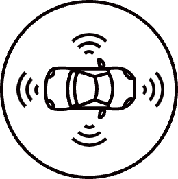 Icon in black circle - vehicle with wifi symbols coming from both sides, front and back