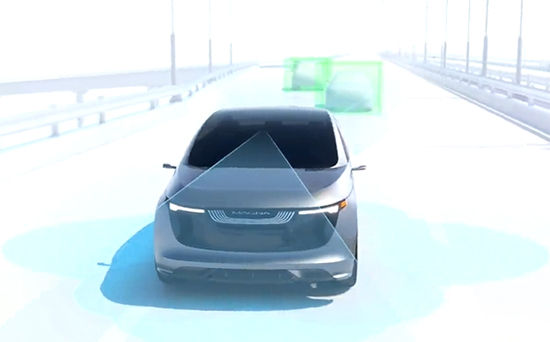 A futuristic car driving on a highway with sensor visuals detecting objects around it, illustrating autonomous driving technology