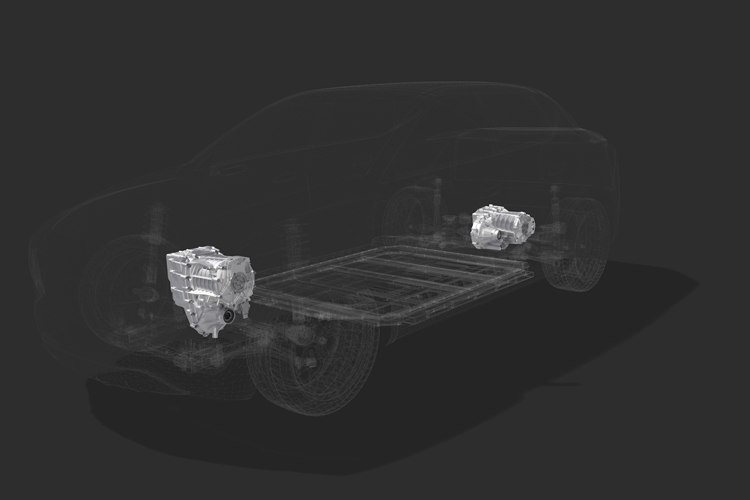 Transparent car model showing electric drivetrain components and battery placement