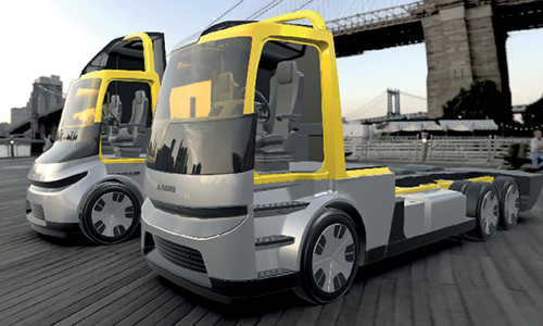 Rear view of grey vehicle taillights on with fog in background