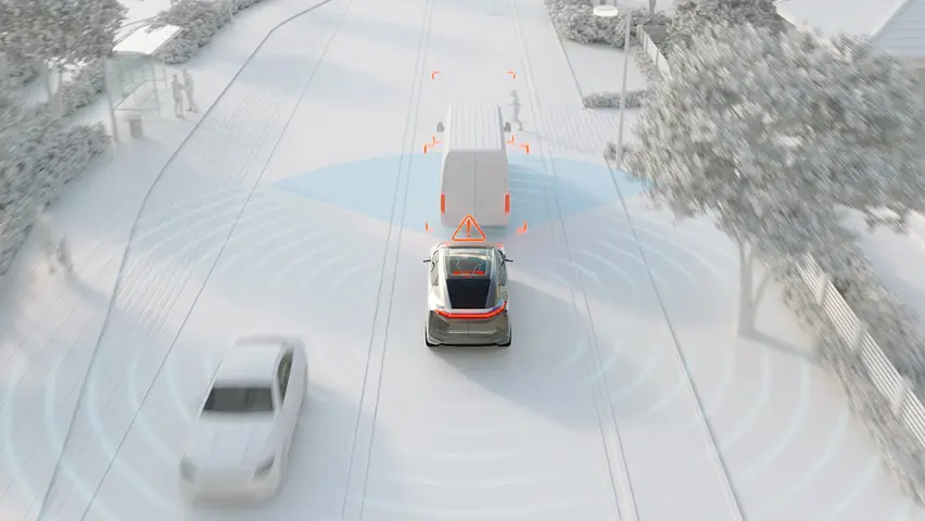 前方のバンをセンサーで検知し警告を表示している車のイラスト