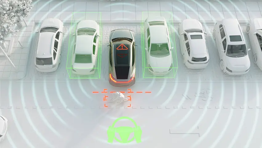 駐車中の車がセンサーで後方の障害物を検知しているイラスト