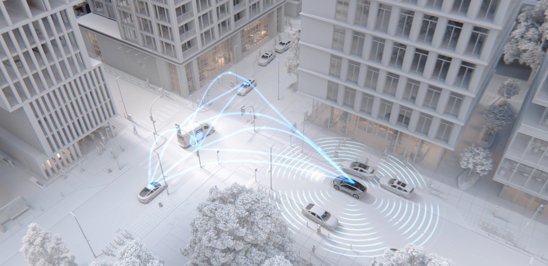 Animation showing a how a vehicle is connected with other vehicles with ADAS capabilities while driving in a city