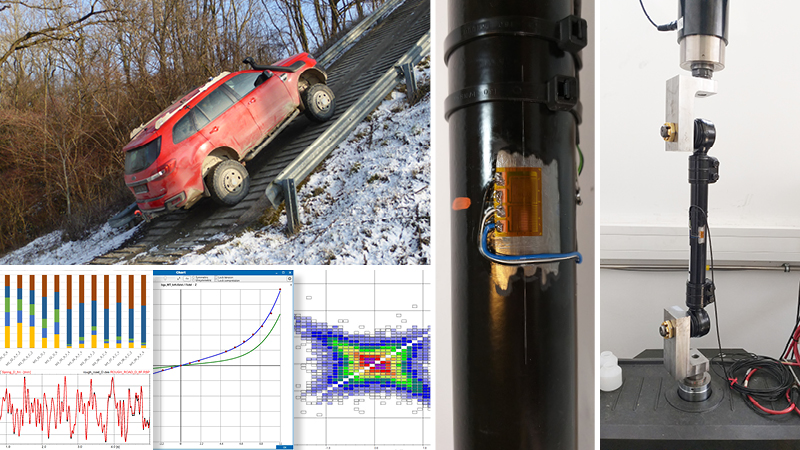 A red SUV drives up a snowy test ramp while measurement data charts and lab equipment for load and strain testing are shown, representing load data generation and measurement services