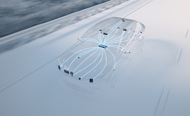 Animated ghosted vehicle driving down a road showing layout of sensor for the automated driving system