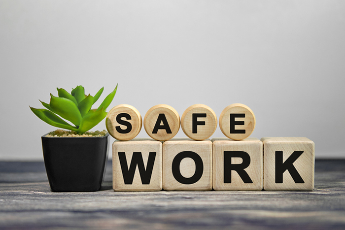 Holzklötze mit der Aufschrift „SAFE WORK“ neben einer kleinen Pflanze